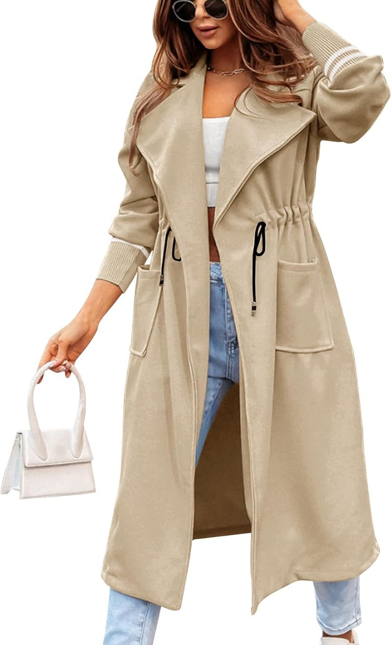 Fazortev Women Coat Pocket Casual Drawstring Waist Open Front Classic Lapel Overcoat - Image 1